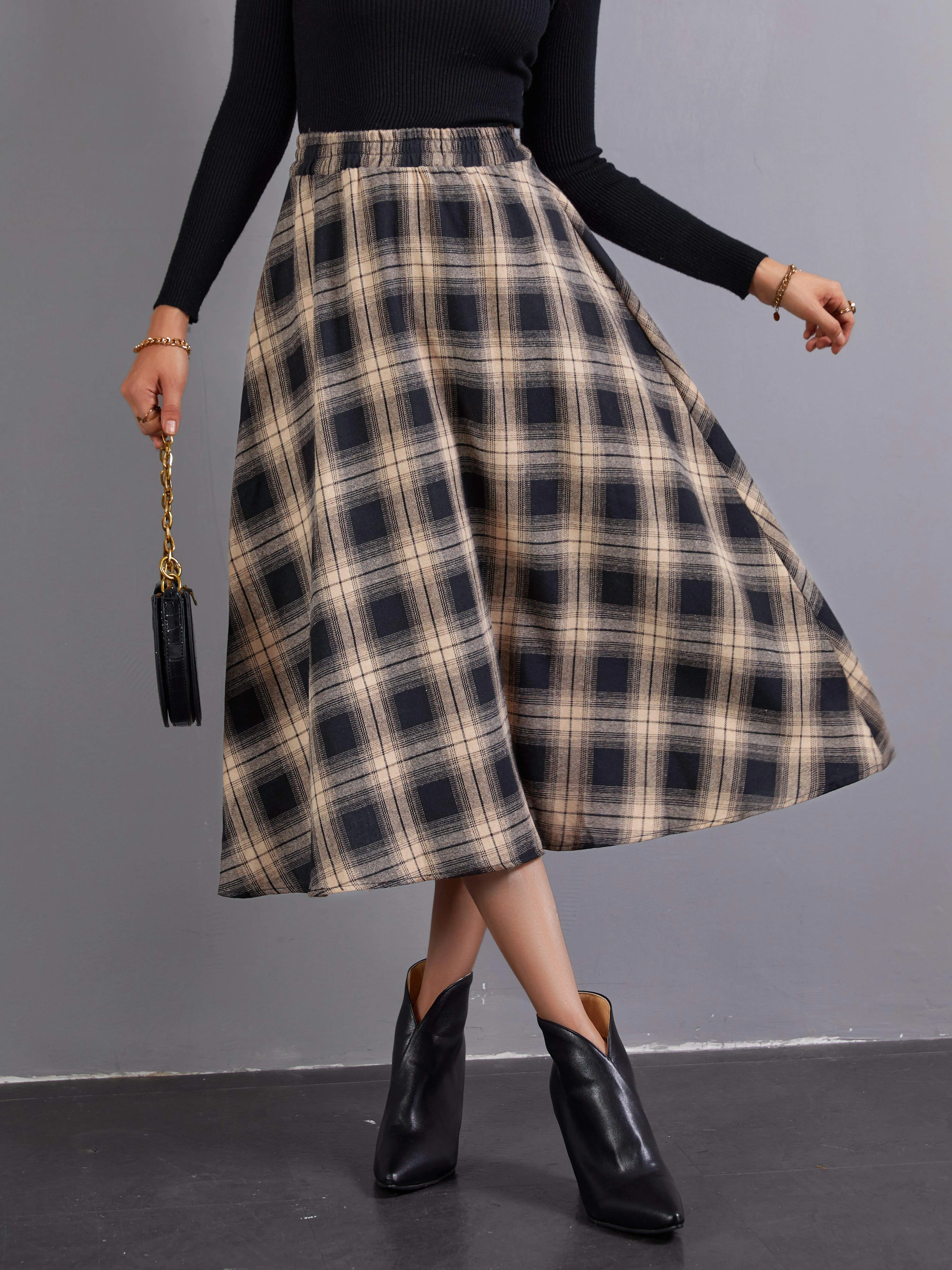 Chic High Waist Plaid Midi Skirt for Womens Fashion