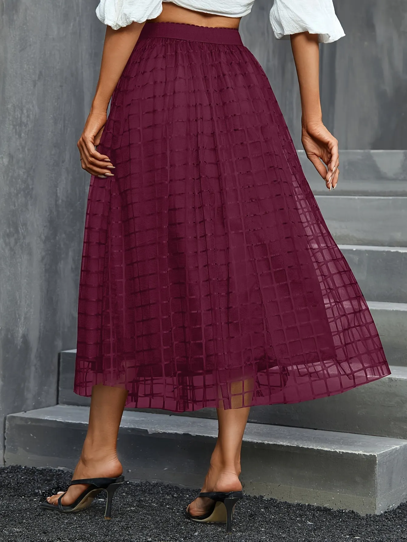 Chic Plaid Mesh Skirt High Waist Midi Length Womens Fashion