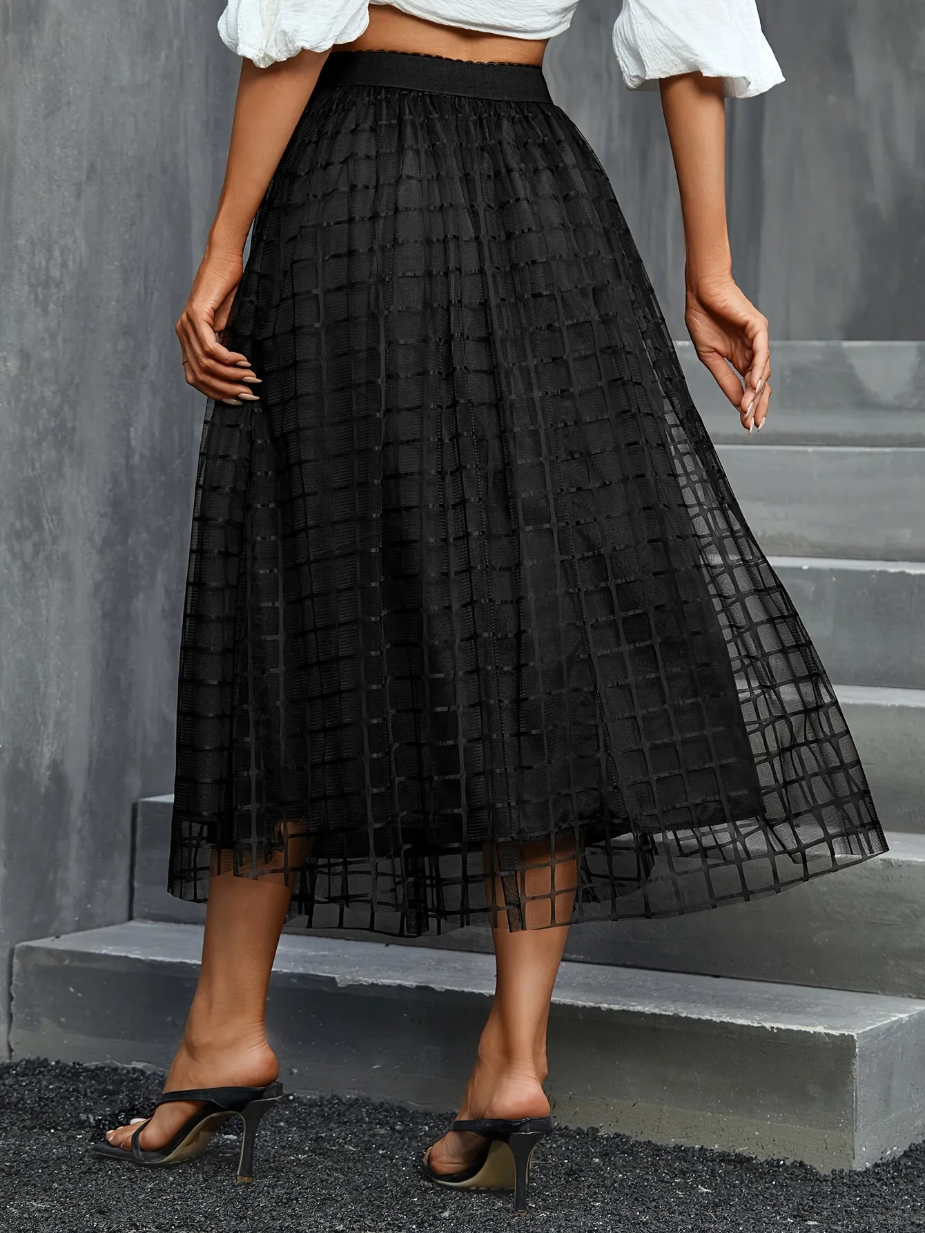 Chic Plaid Mesh Skirt High Waist Midi Length Womens Fashion