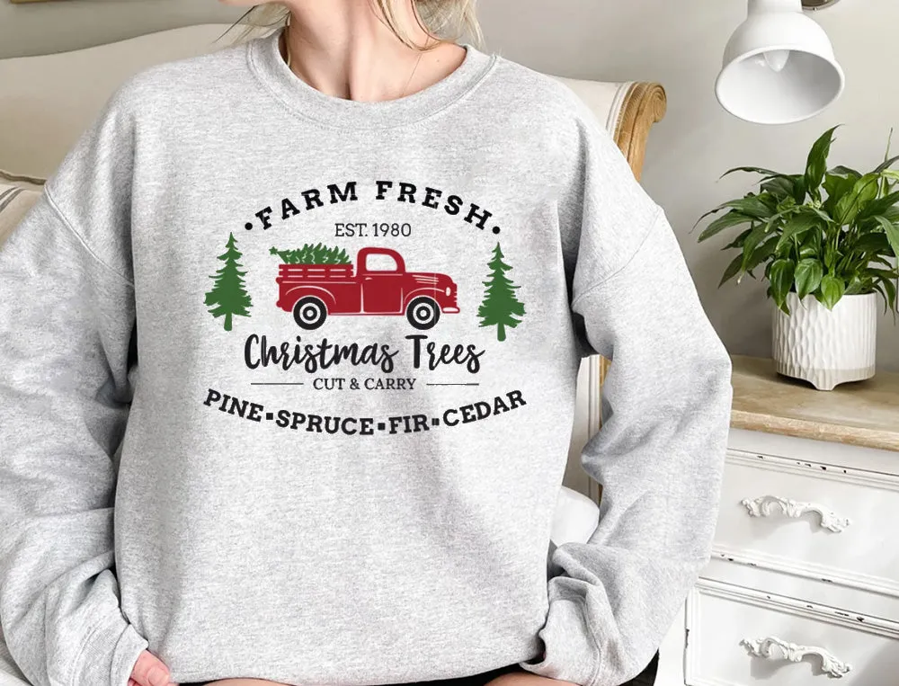 Christmas Tree Truck Crewneck Sweatshirt, Farm Fresh Crewneck Sweatshirt