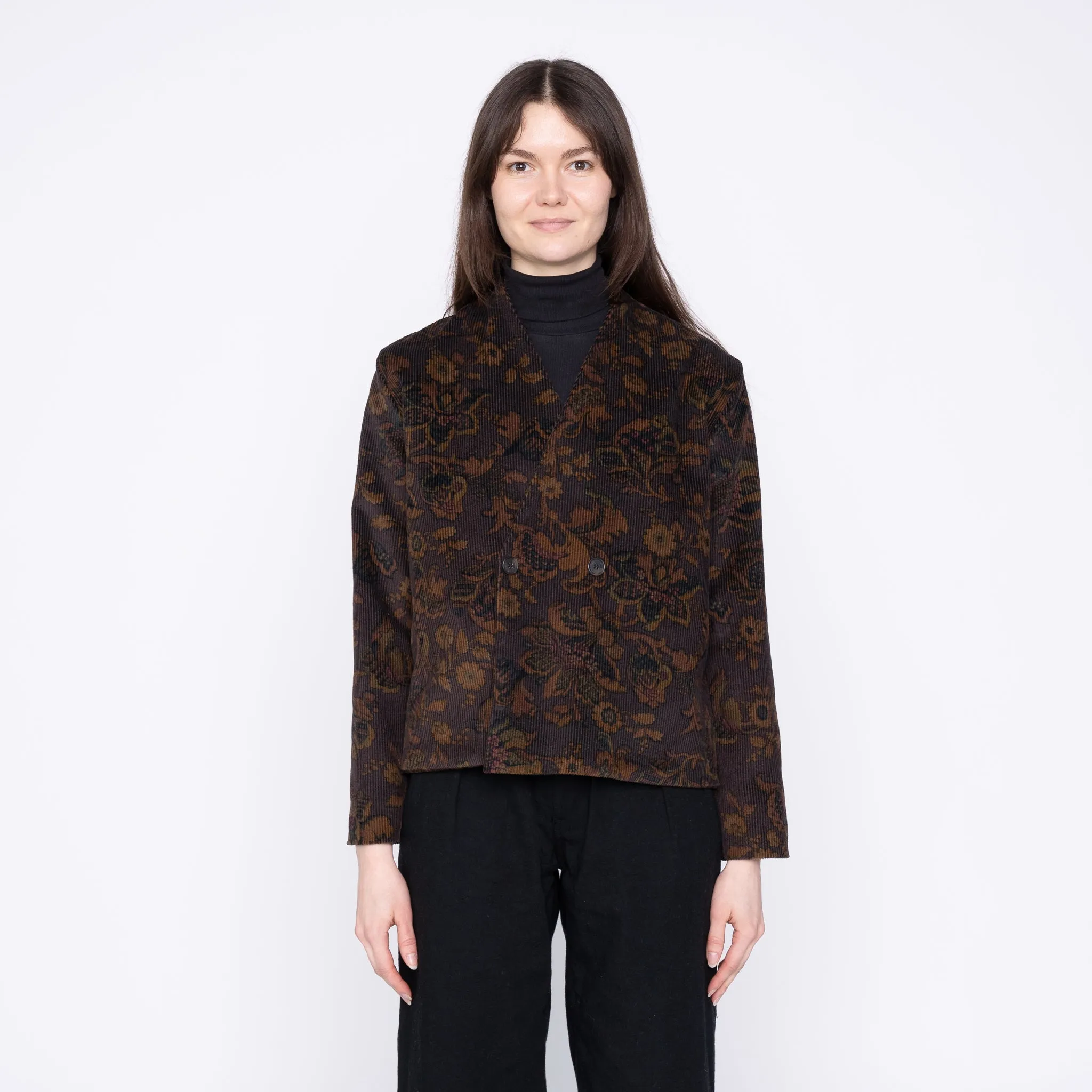 Collarless Jacket  - Paisley Corduroy  - Brown