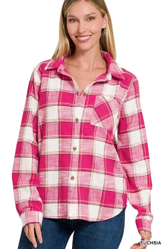 Cotton Plaid Shacket With Front Pocket