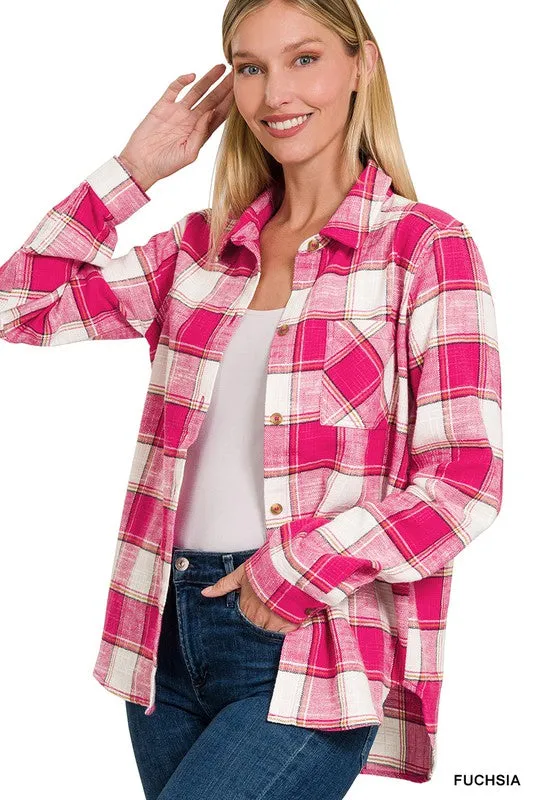 Cotton Plaid Shacket With Front Pocket