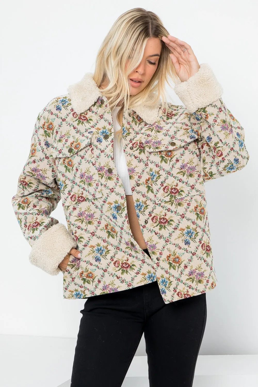 Cream Floral Jacquard Oversized Shacket