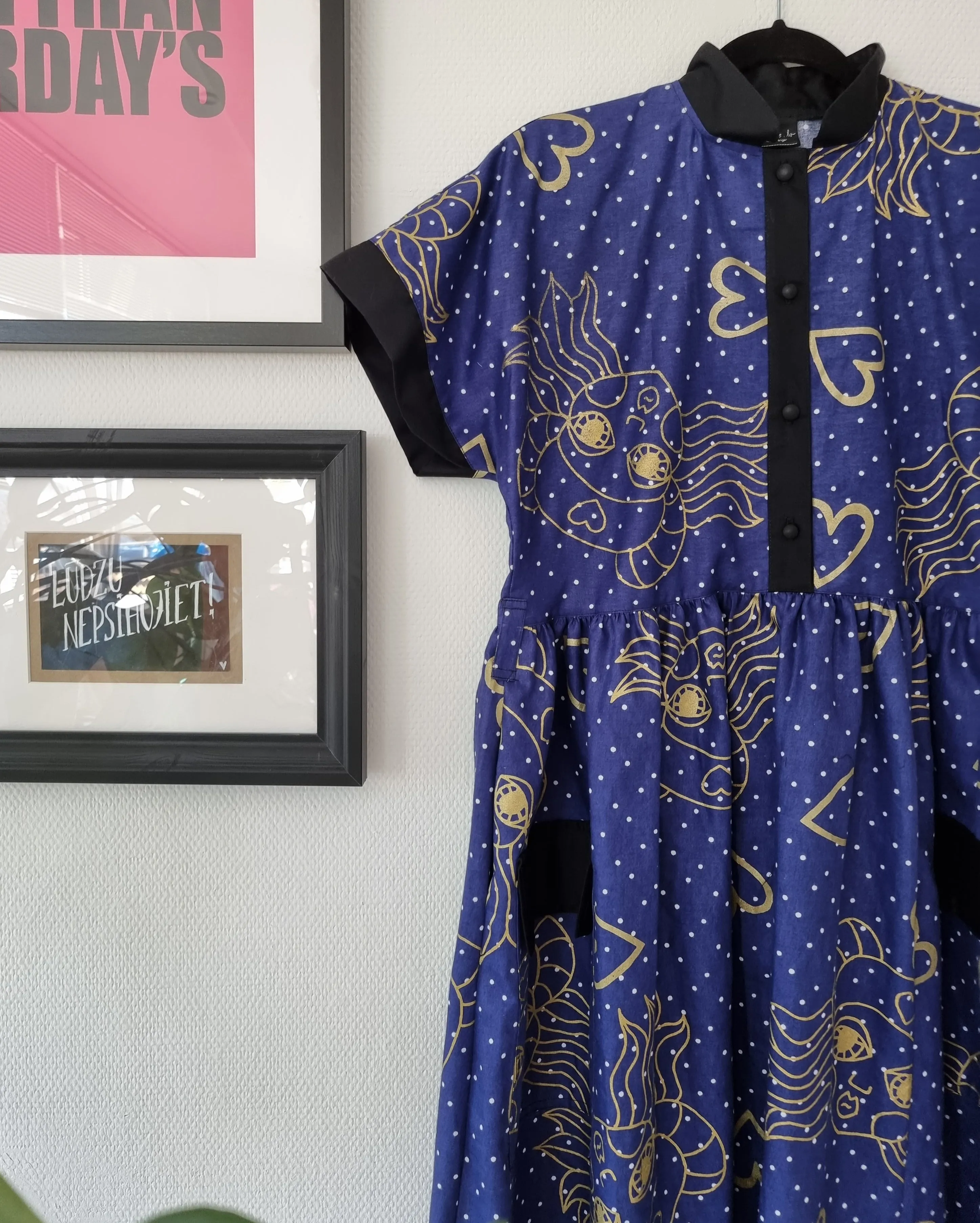 Dark Blue Fun and Cool Short Sleeved Shirt Dress with Wide Skirt Part in Handprinted Patterned Fabric and many Pockets