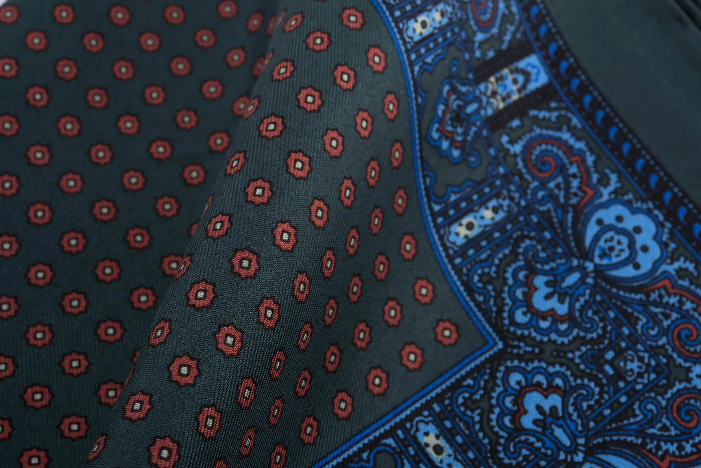 Dark Green Dot & Paisley Silk Pocket Square