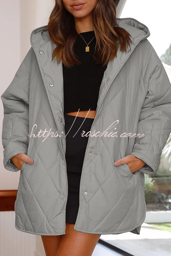 Diamond Quilted Button Pocket Hooded Long Sleeve Coat