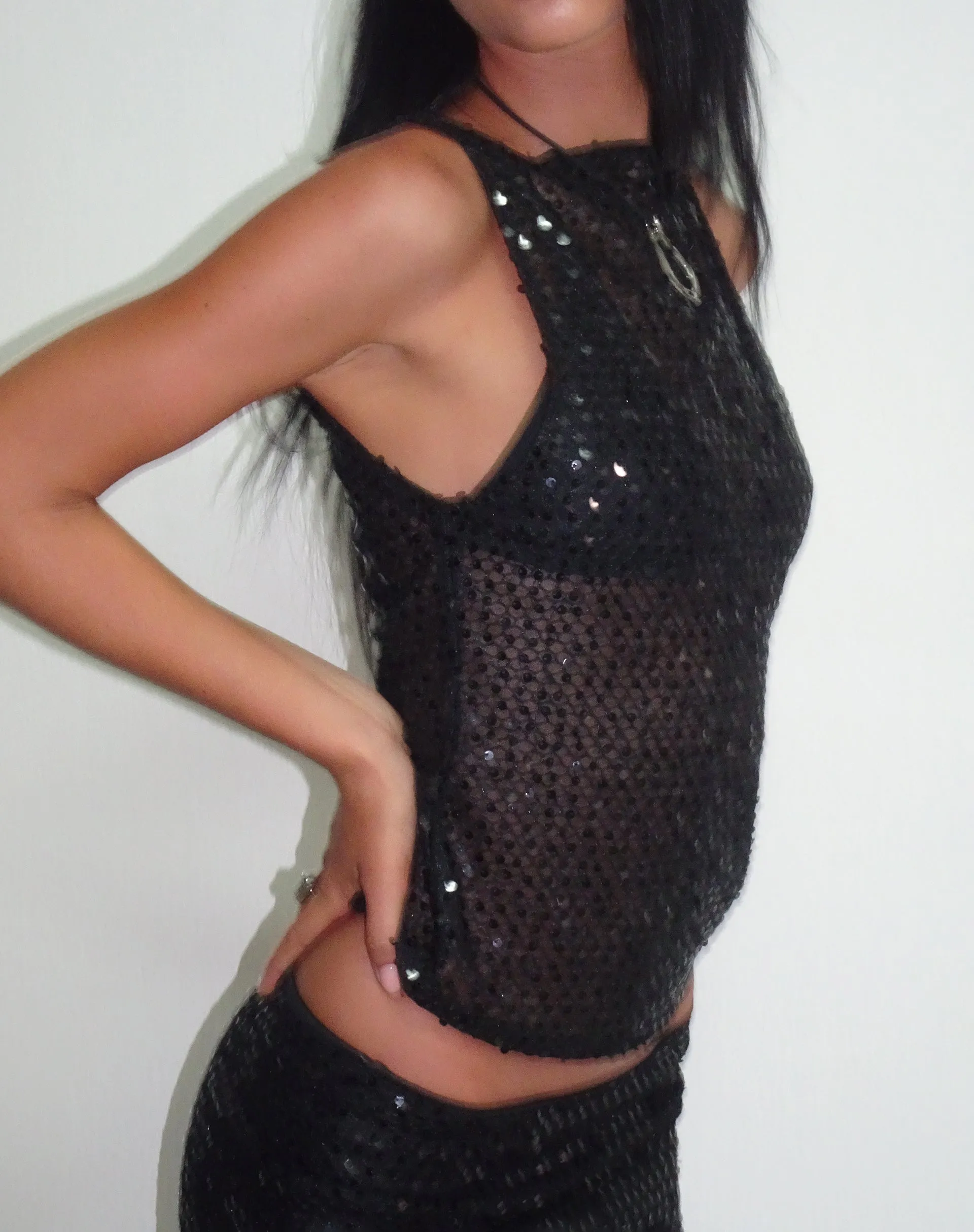 Dudley Vest Top in Sequin Knit Black