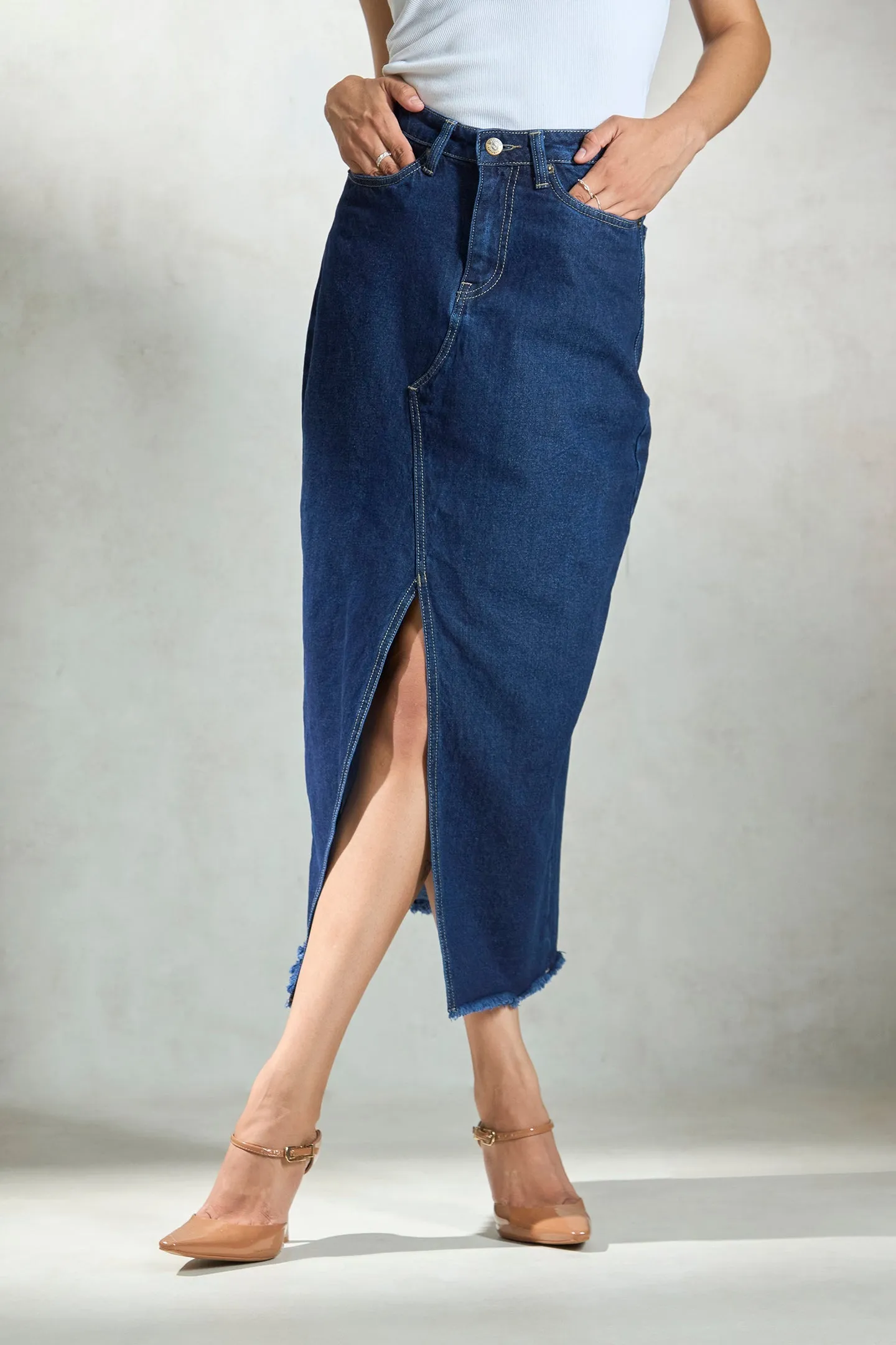 Eloise| Denim Frayed Midi Skirt