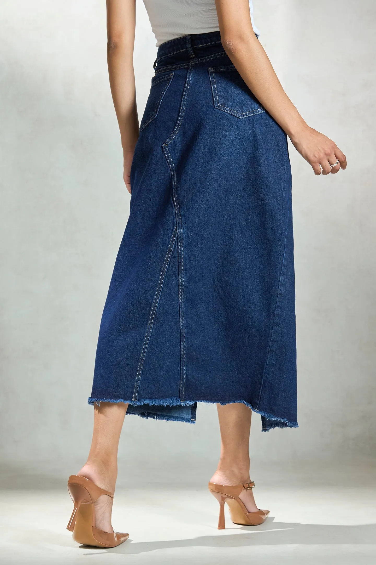 Eloise| Denim Frayed Midi Skirt