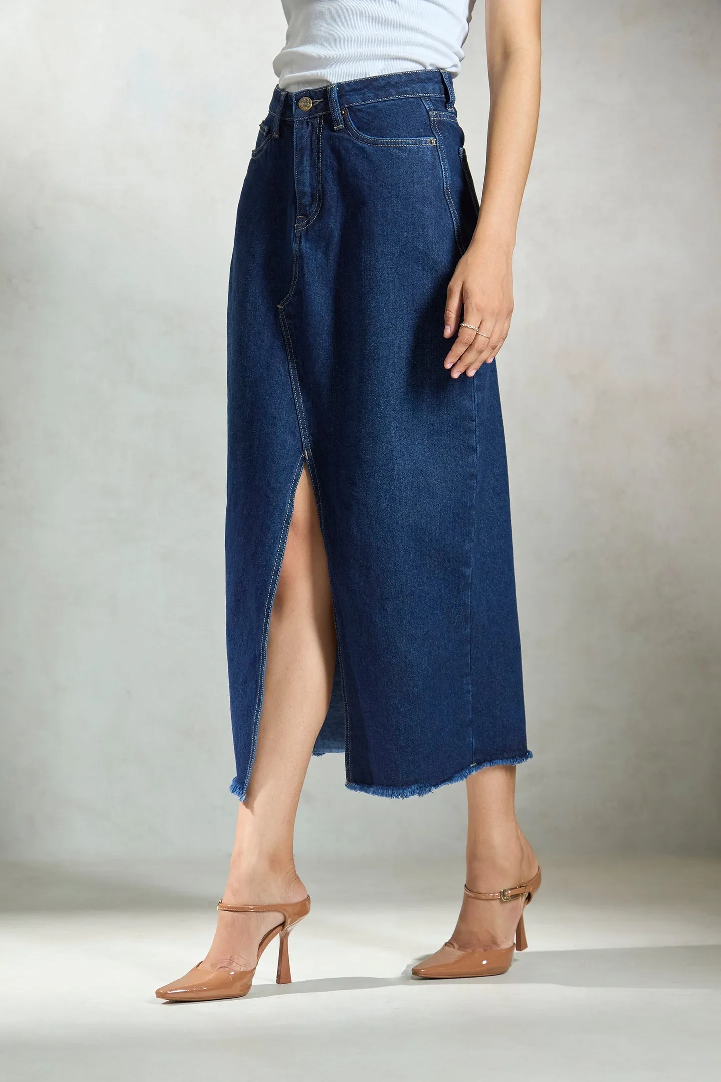 Eloise| Denim Frayed Midi Skirt