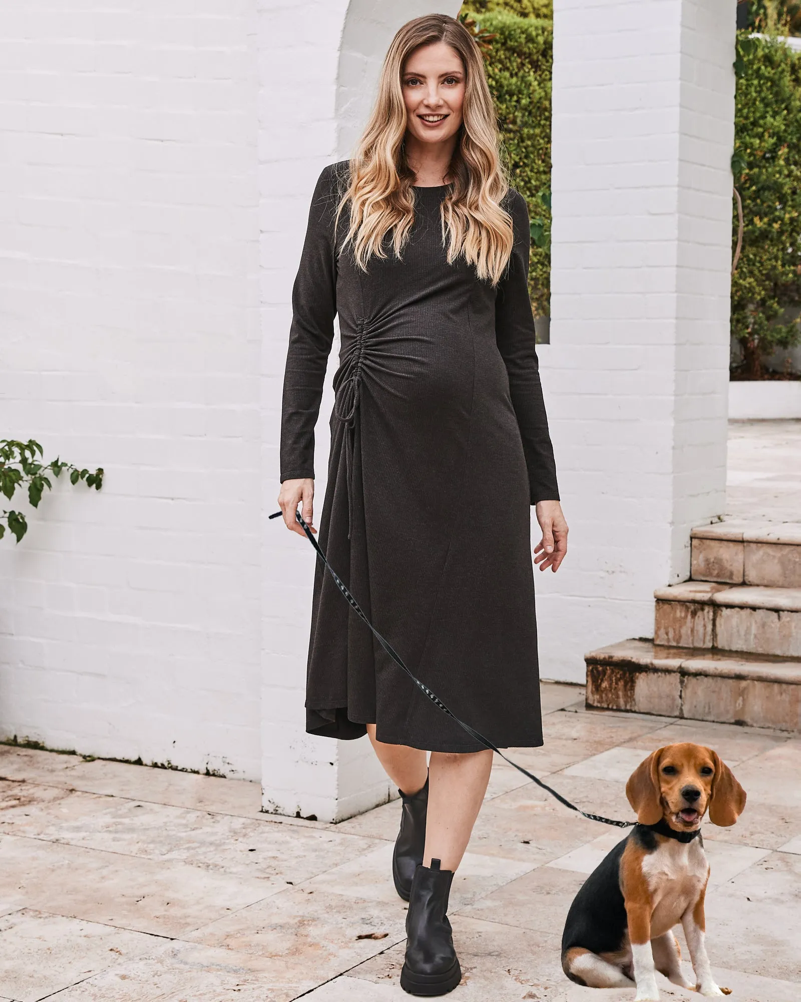 Eloise Maternity Waffle Knit Dress in Charcoal