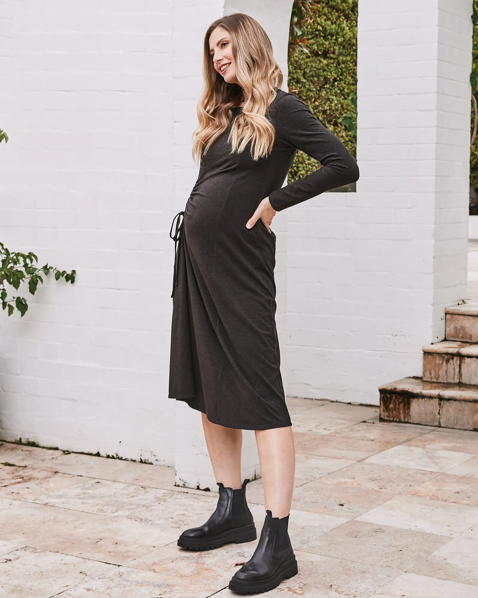 Eloise Maternity Waffle Knit Dress in Charcoal