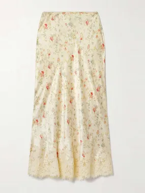 Elowen lace-trimmed floral-print silk-charmeuse midi skirt