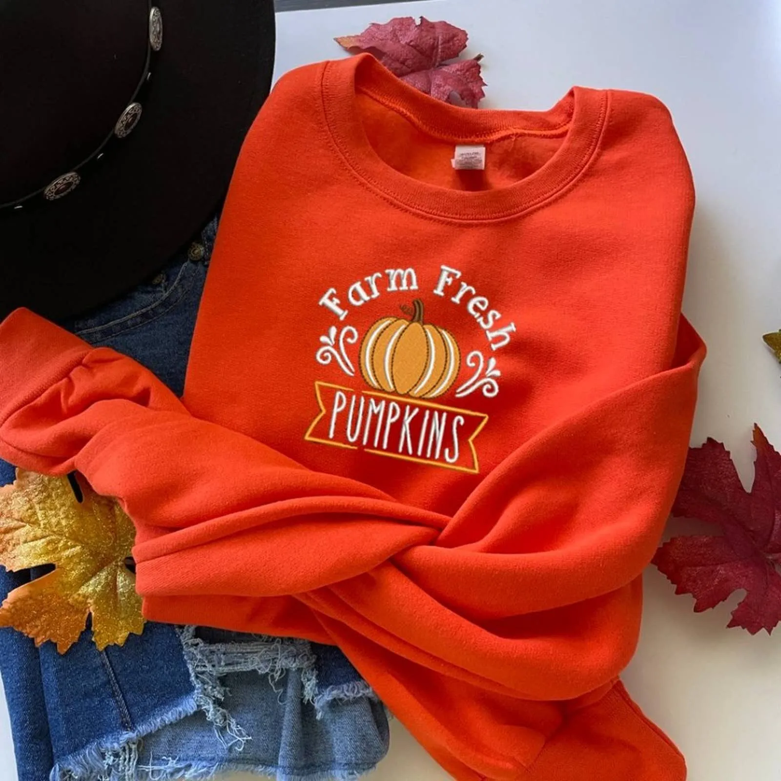 Embroidered Farm Fresh Pumpkins Sweatshirt / Fall Thanksgiving Sweatshirts