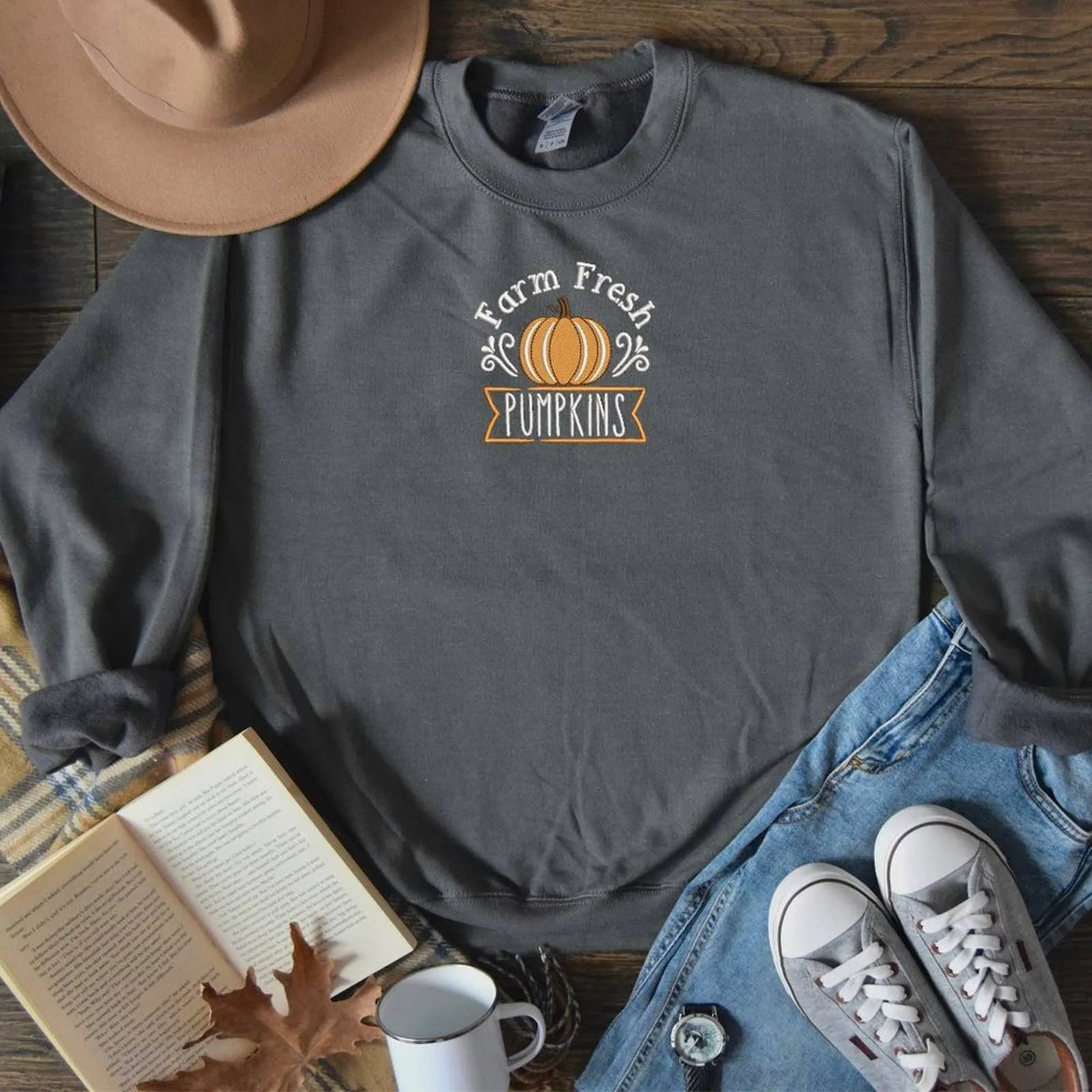 Embroidered Farm Fresh Pumpkins Sweatshirt / Fall Thanksgiving Sweatshirts