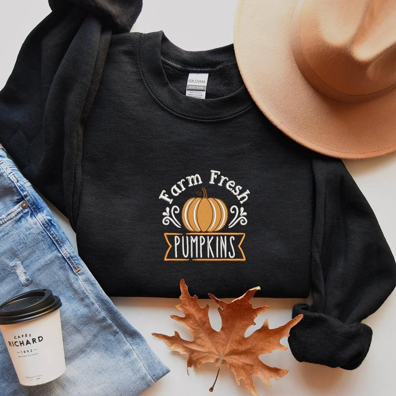 Embroidered Farm Fresh Pumpkins Sweatshirt / Fall Thanksgiving Sweatshirts