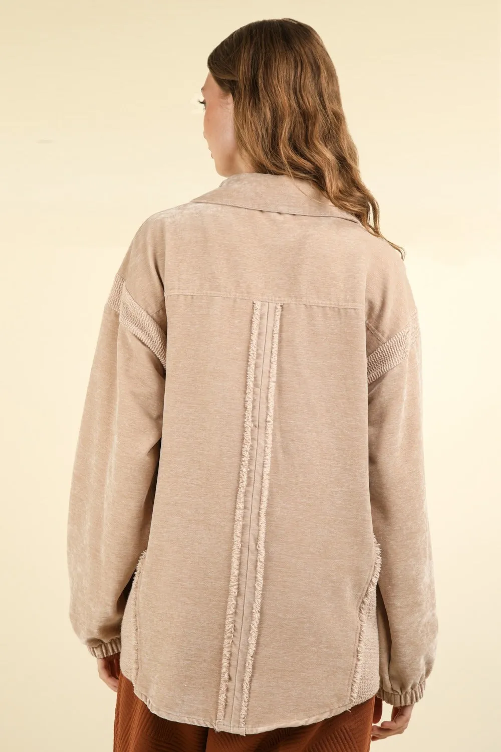 Fashion M&J Mixed Media Button Down Shacket - Oversized Raw Hem Jacket for Trendy Winter Layering