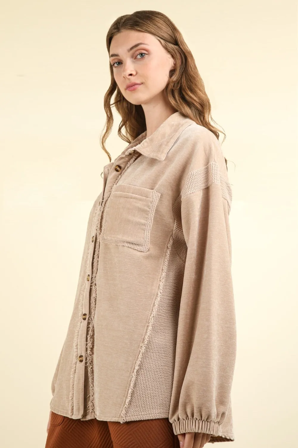 Fashion M&J Mixed Media Button Down Shacket - Oversized Raw Hem Jacket for Trendy Winter Layering