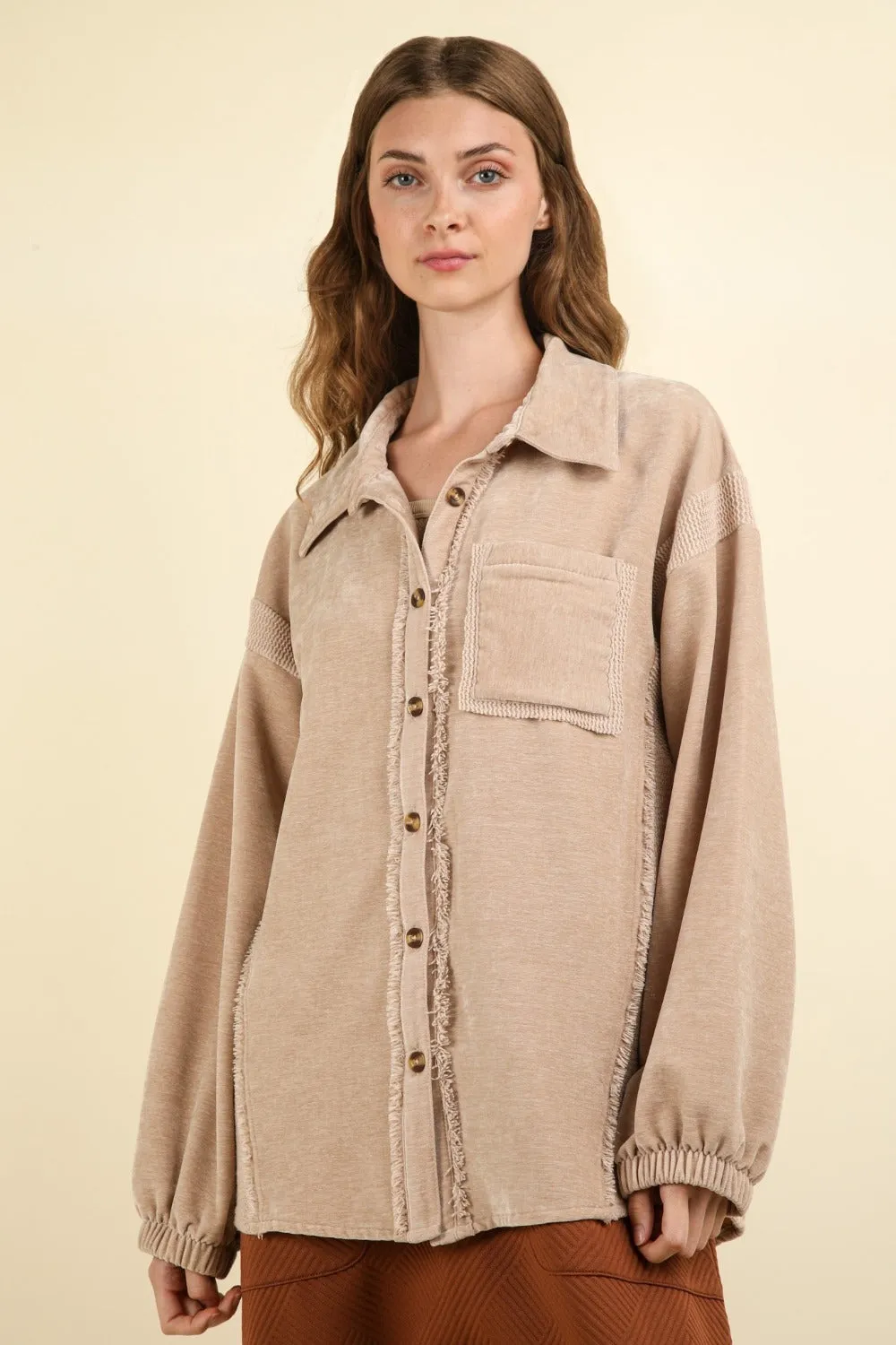 Fashion M&J Mixed Media Button Down Shacket - Oversized Raw Hem Jacket for Trendy Winter Layering