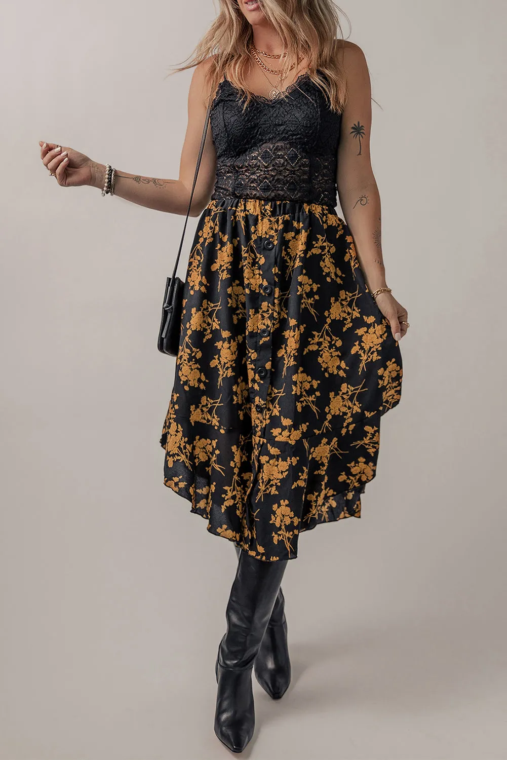 Floral Ruffle Elastic Waist Skirt