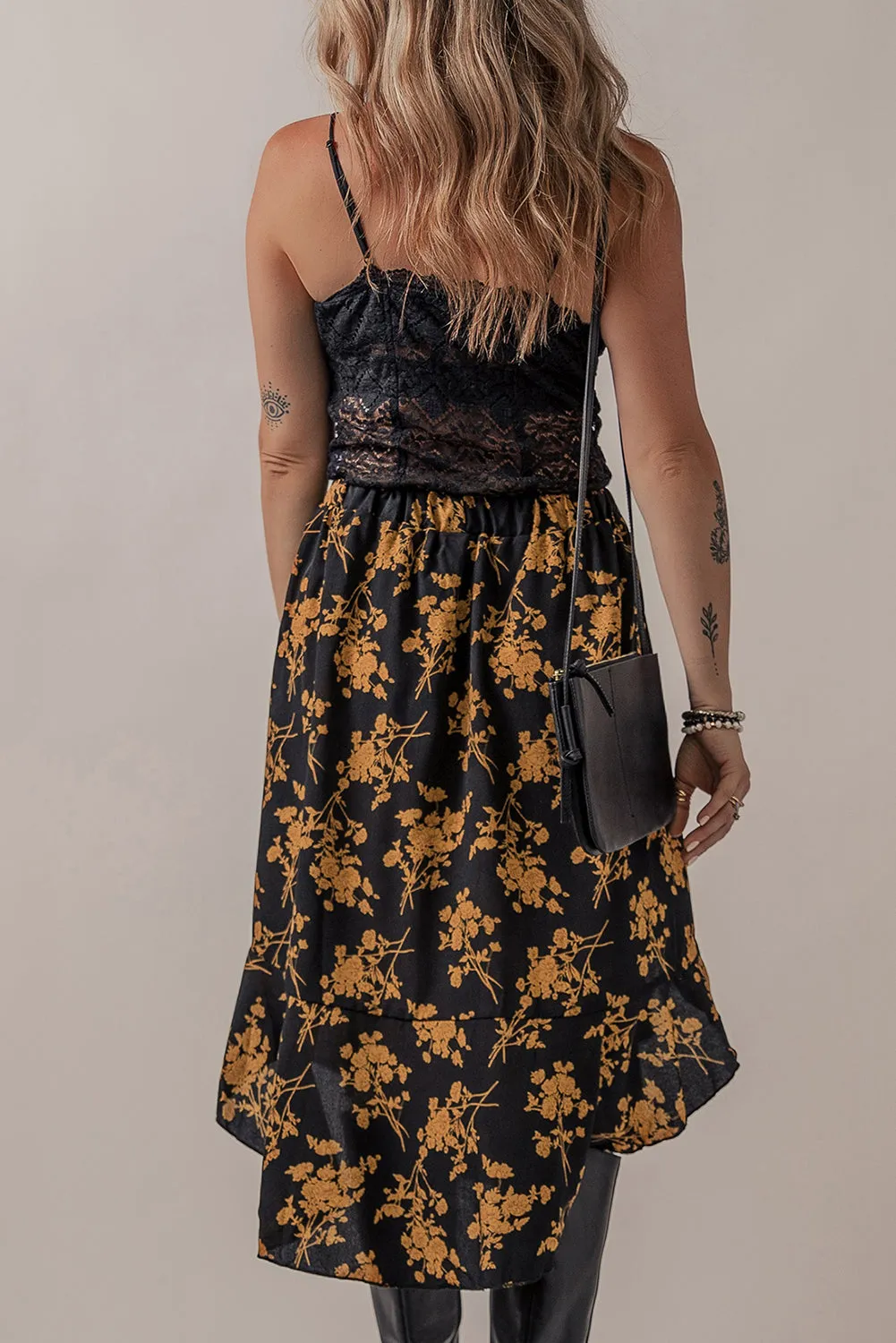 Floral Ruffle Elastic Waist Skirt