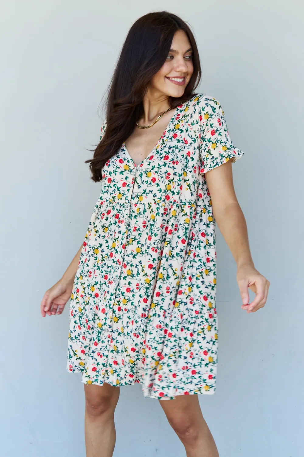 Follow Me Full Size V-Neck Ruffle Sleeve Floral Dress