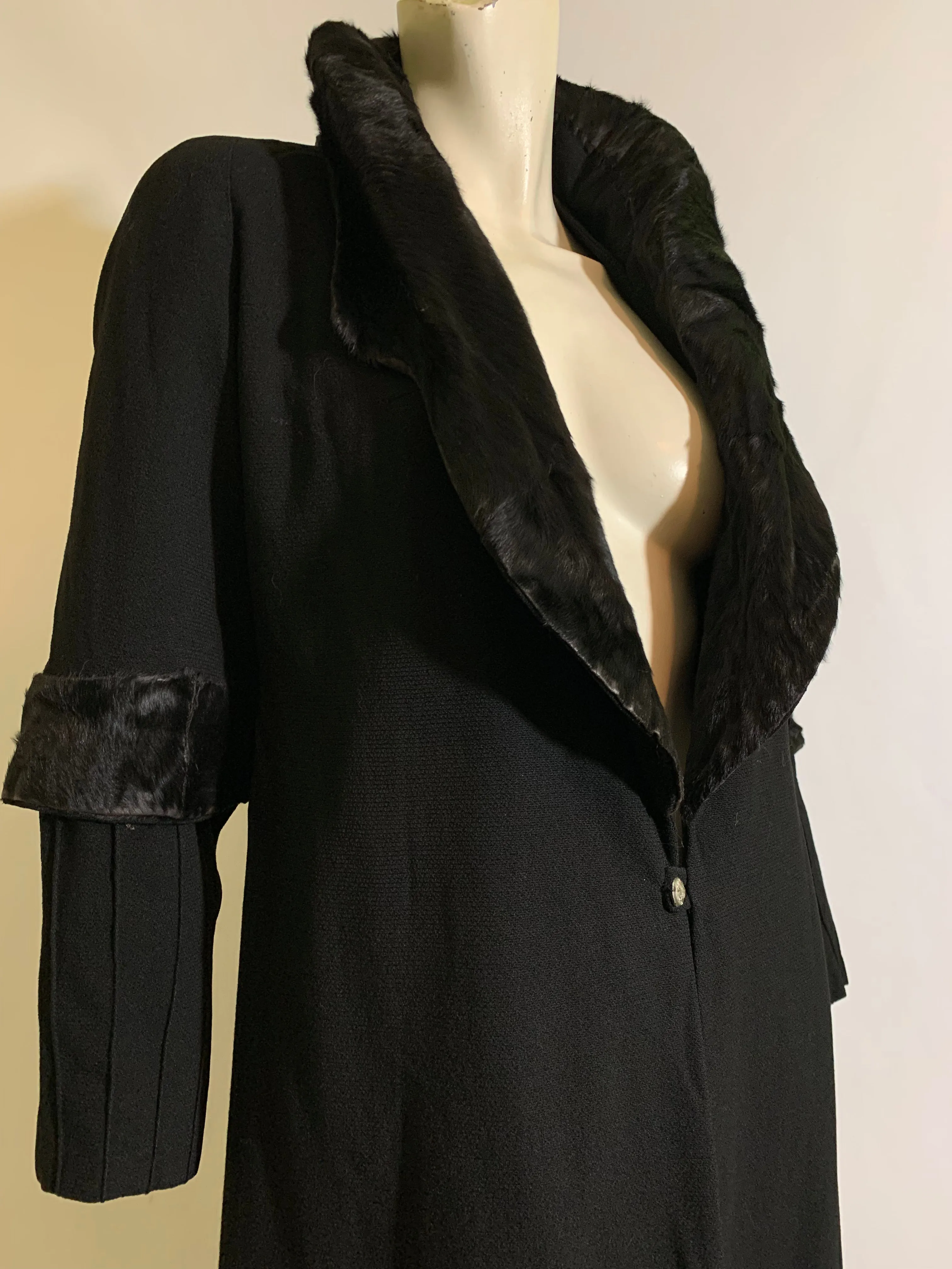 Glamorous Black Silk Coat with Sculpted Black Fur Stand Up Collar and Trim circa 1920s