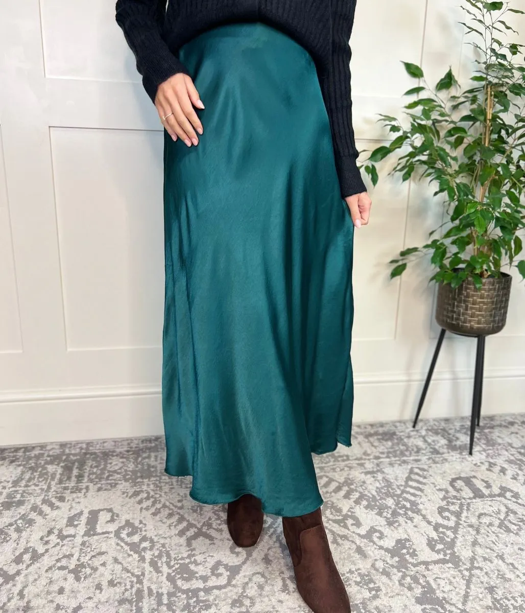 Green Satin Slip Midi Skirt