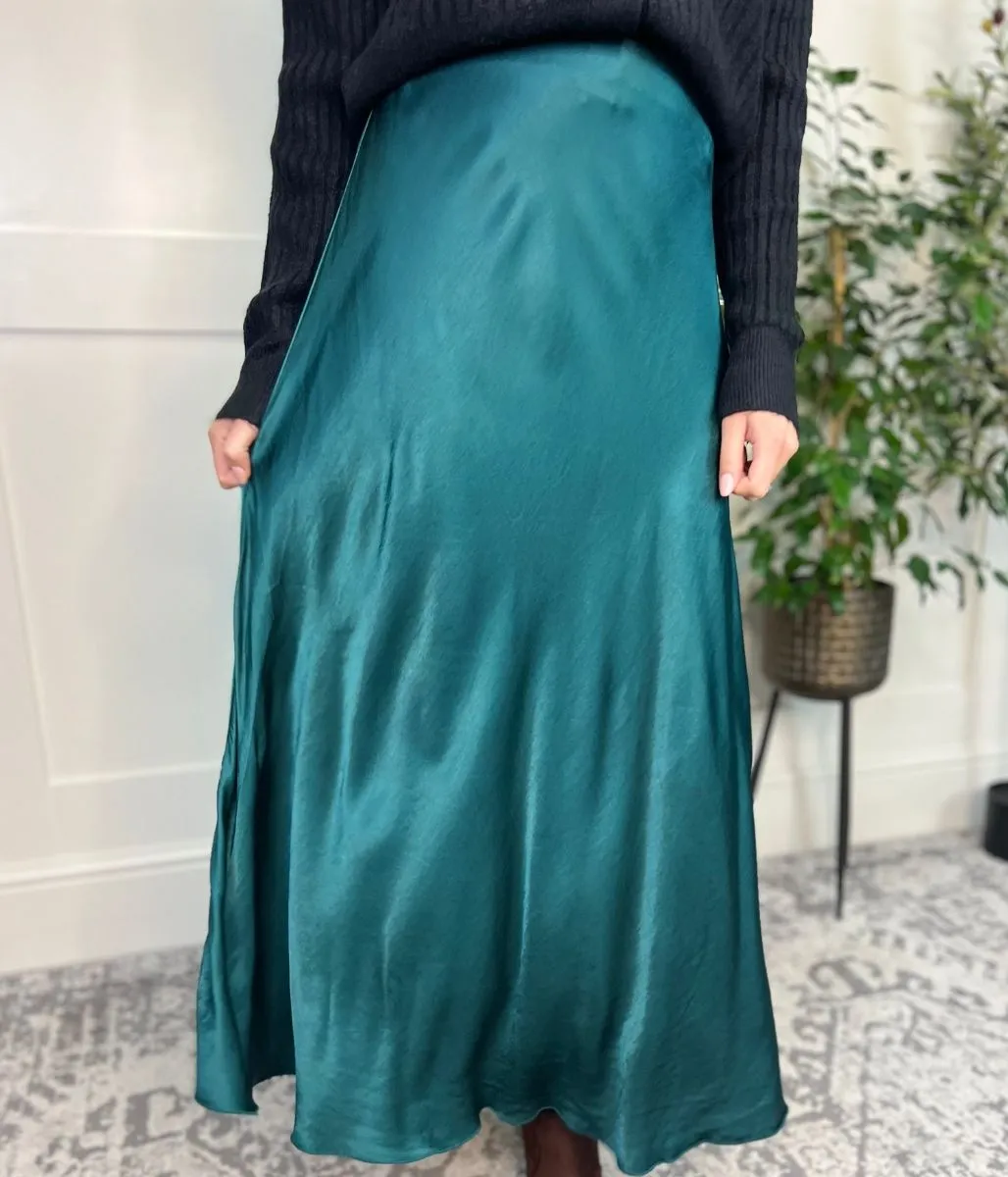 Green Satin Slip Midi Skirt