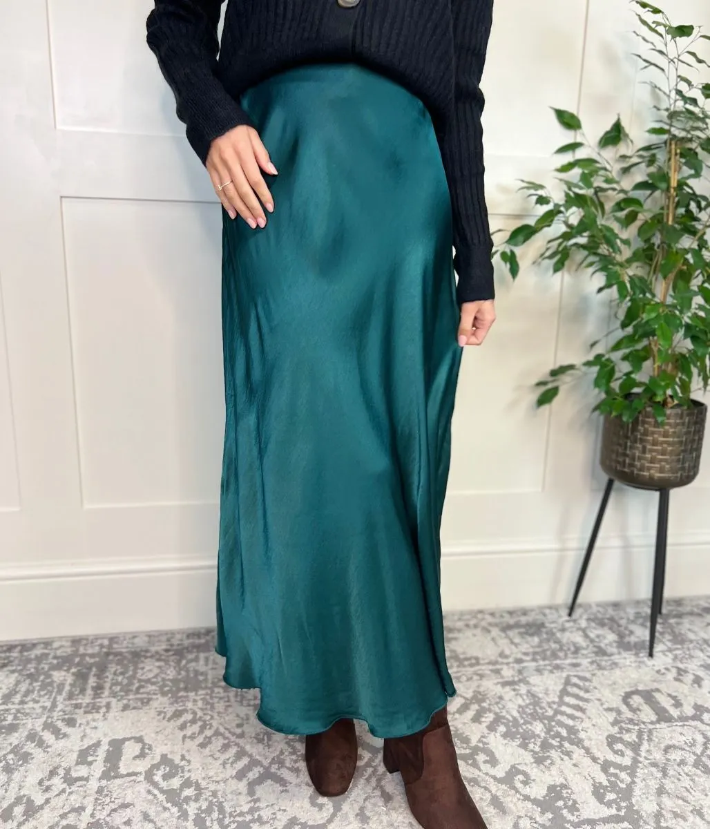 Green Satin Slip Midi Skirt