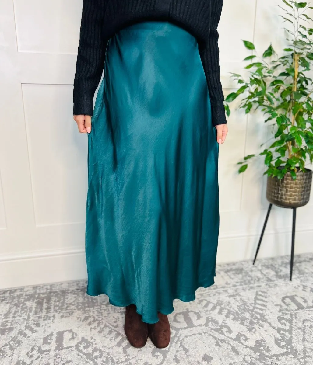 Green Satin Slip Midi Skirt