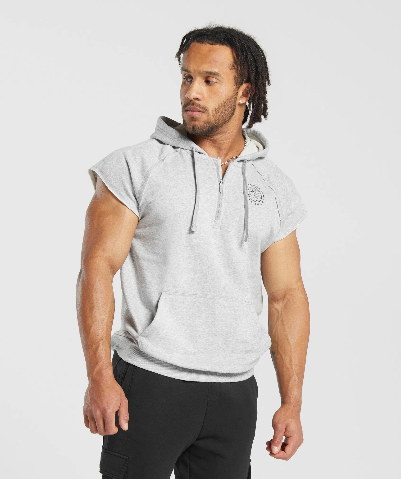 Gymshark Legacy 1/4 Zip Cap Sleeve Hoodie - Light Grey Core Marl