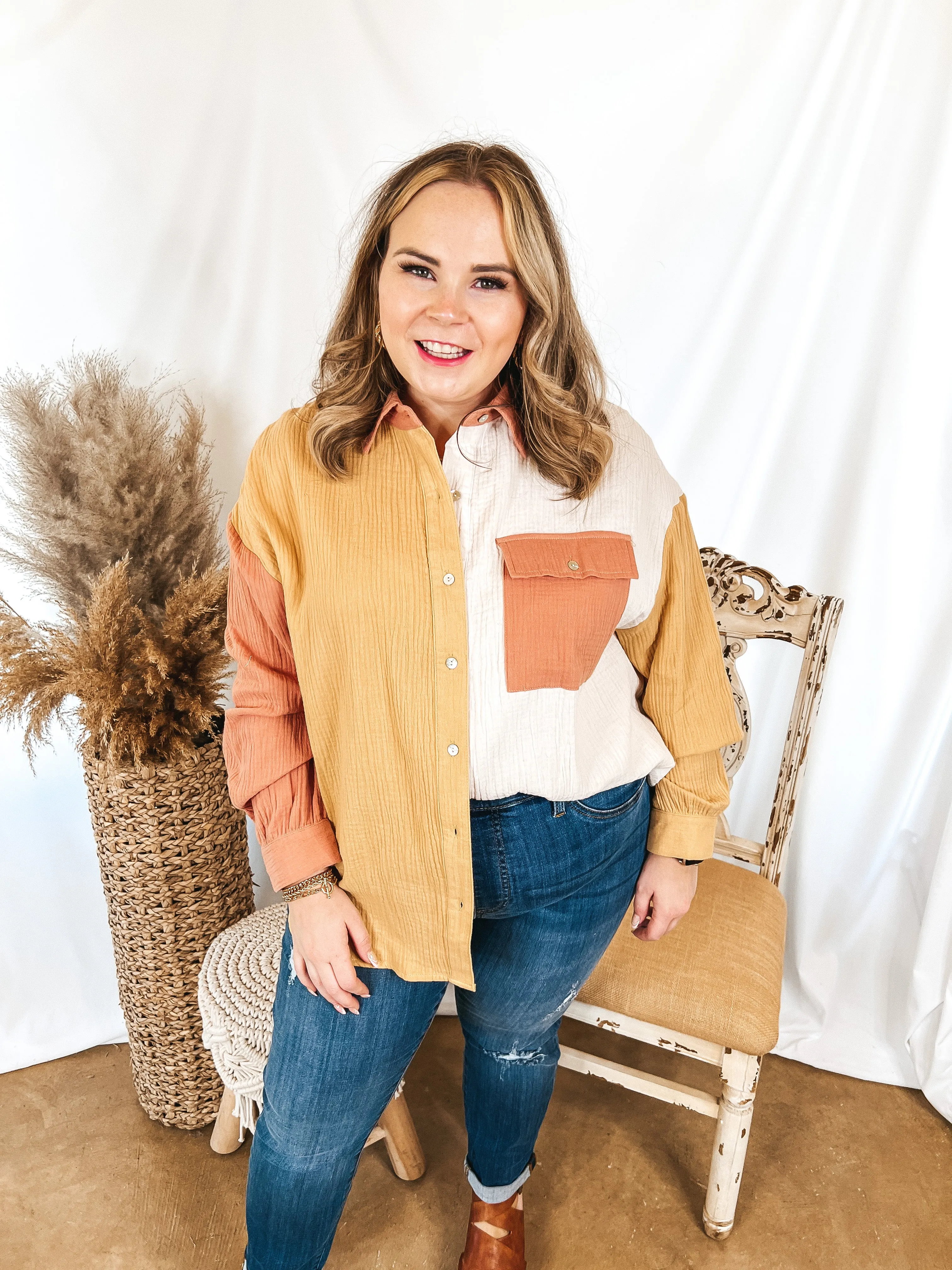 Highly Requested Button Up Color Block Top in Mustard and Clay Orange