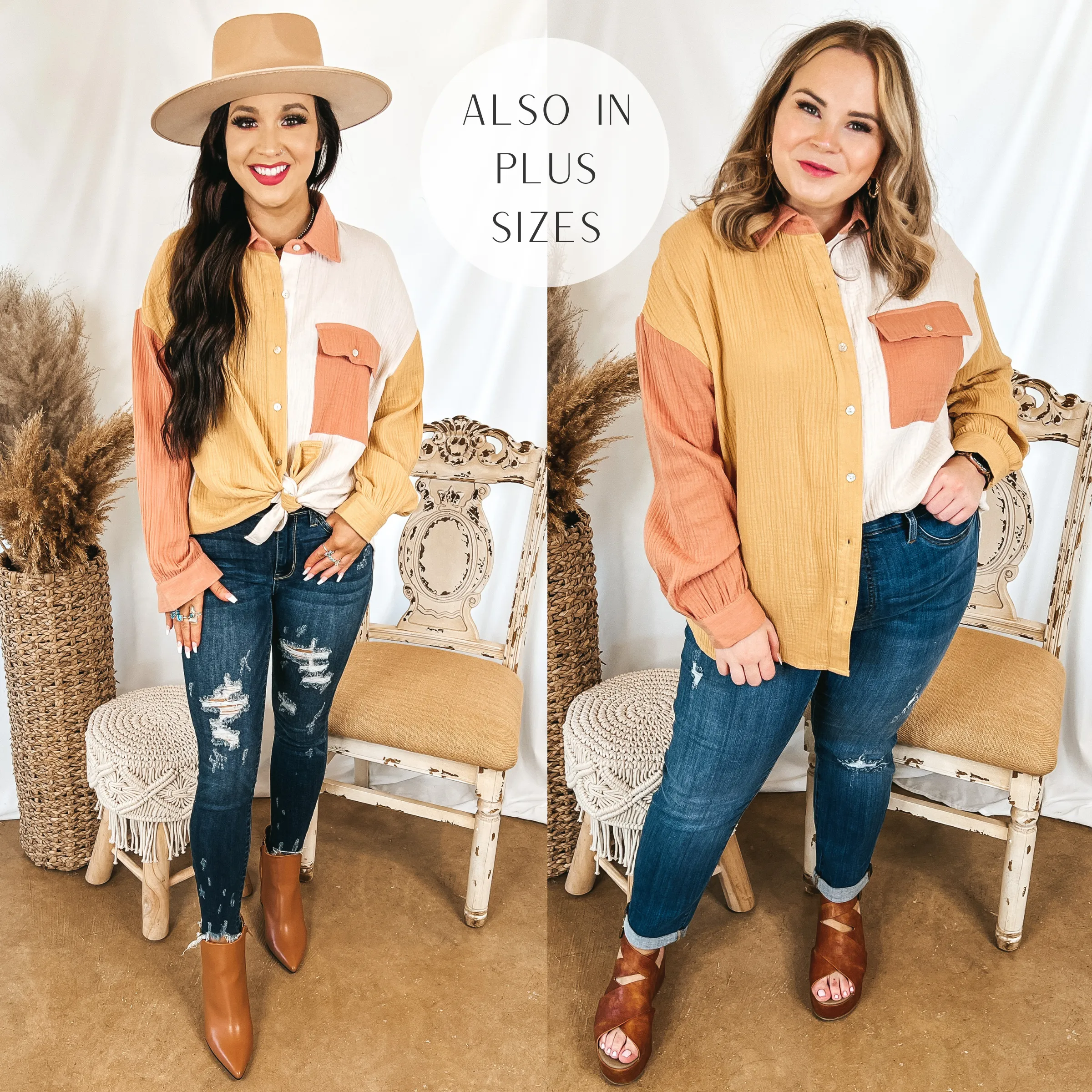 Highly Requested Button Up Color Block Top in Mustard and Clay Orange