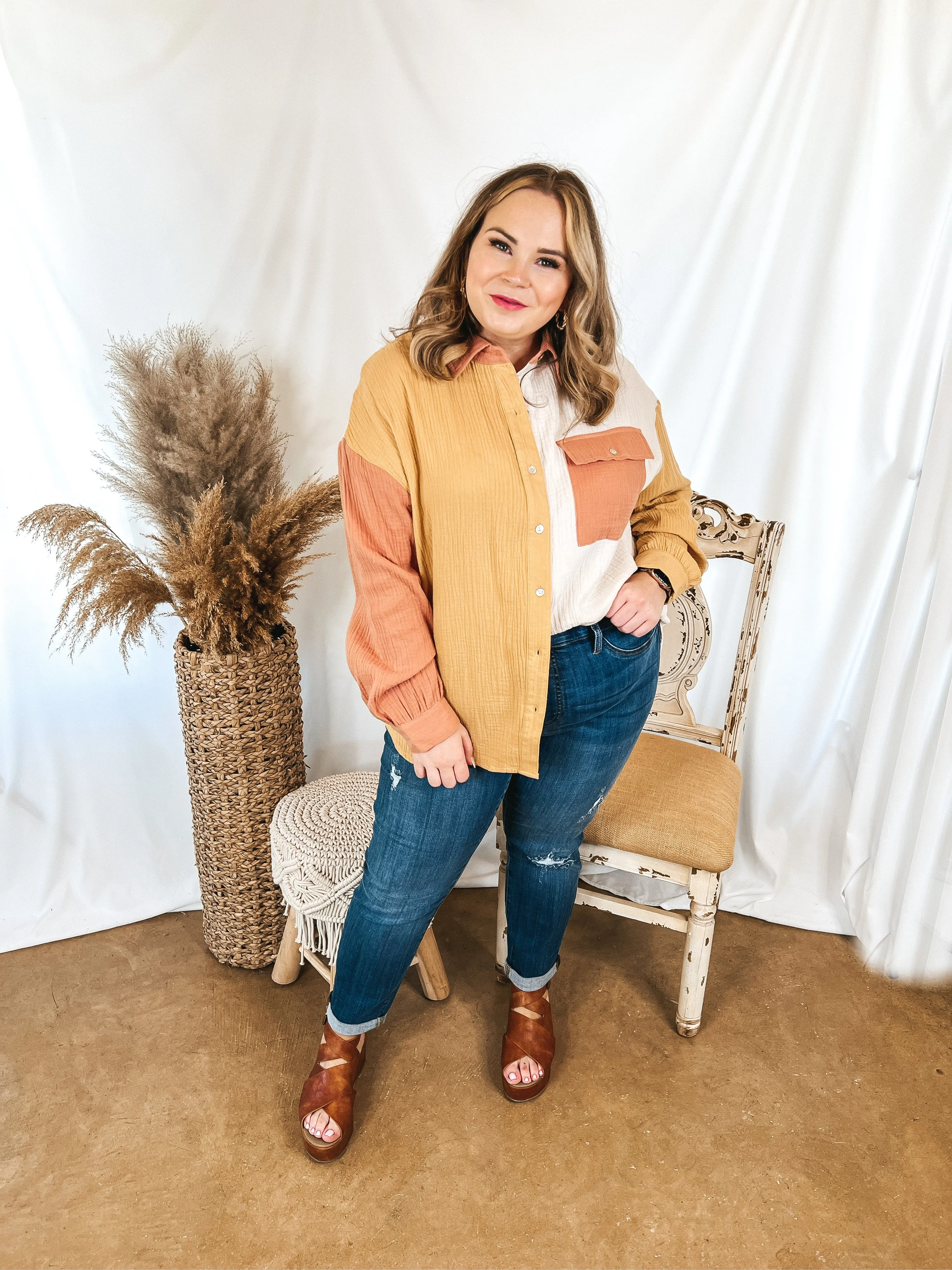 Highly Requested Button Up Color Block Top in Mustard and Clay Orange