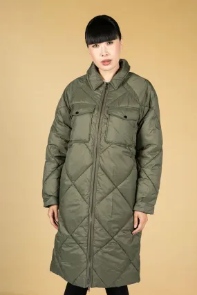 Hoodless Quilted Long-Line Coat in Khaki Green