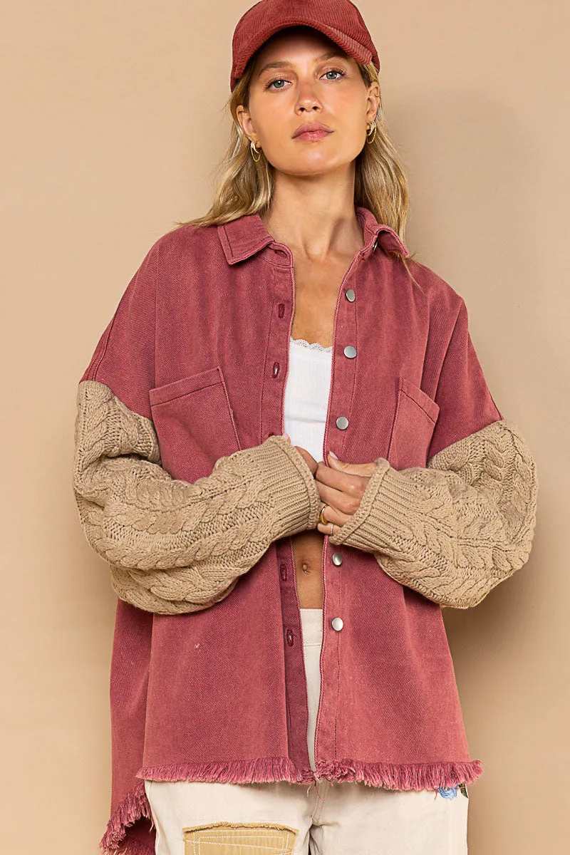 In the Mountains Relaxed Fit Sweater Sleeves Distressed Hemline Shacket (2 Options)