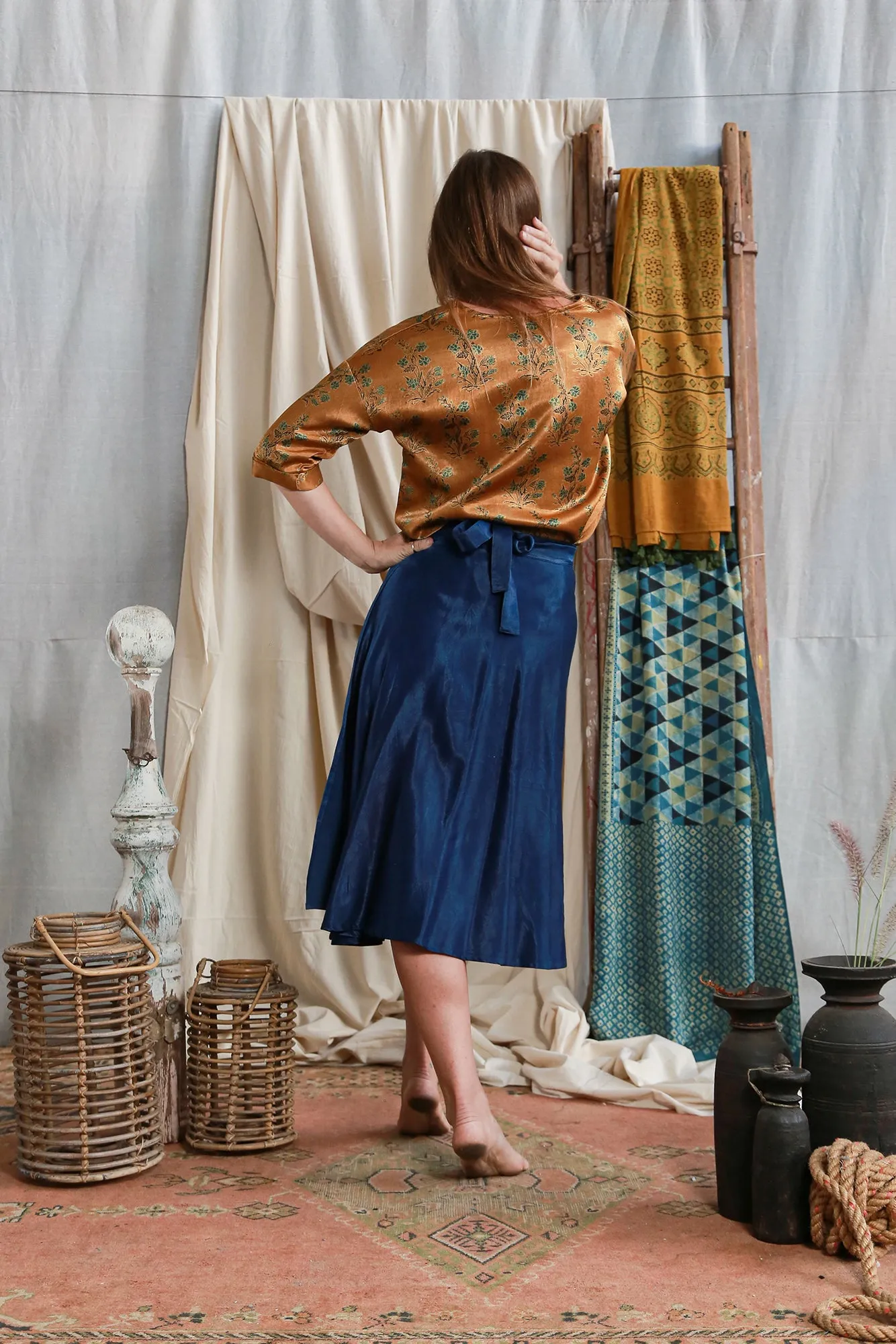 Indigo Dyed Silk Mashru Midi Wrap Skirt