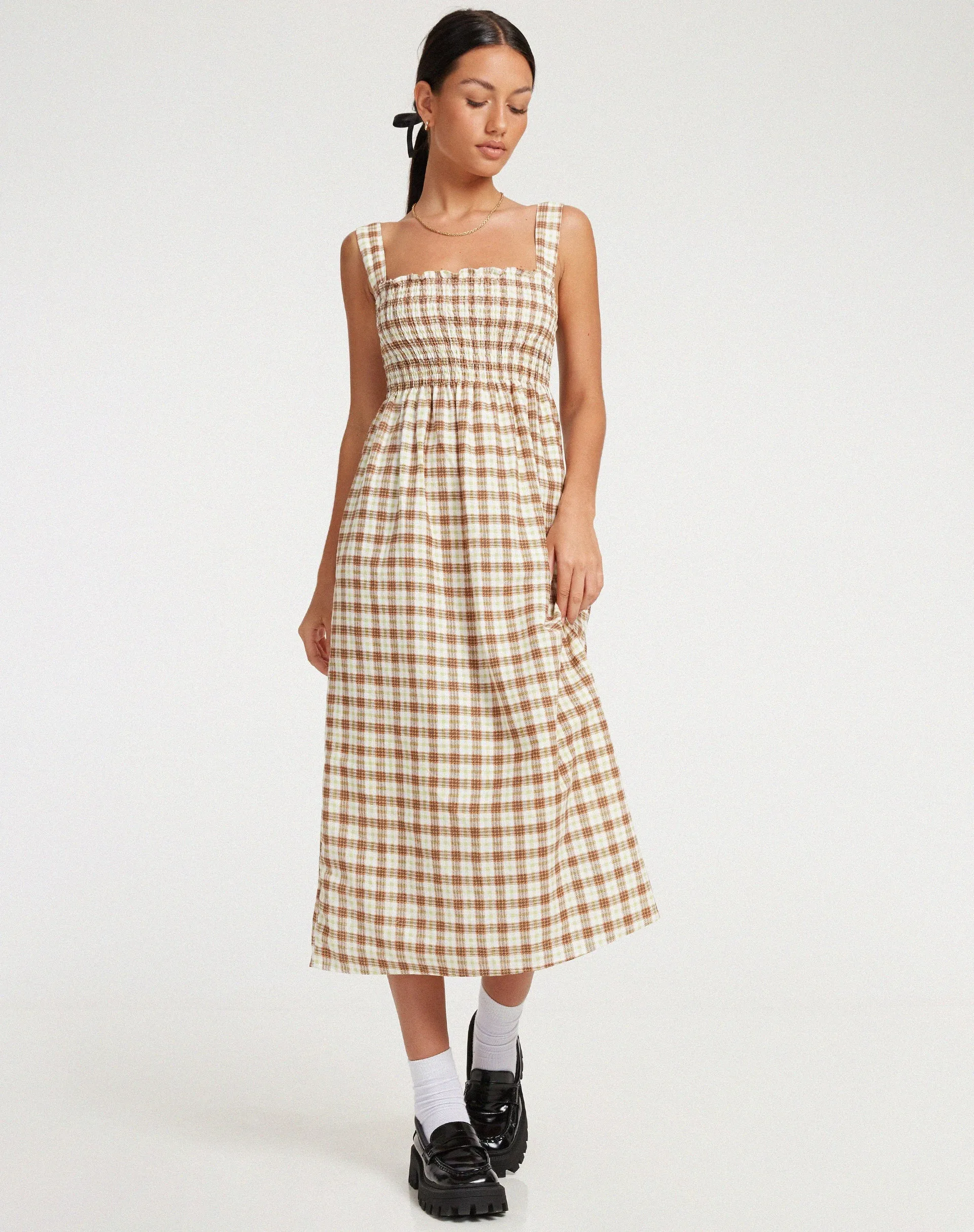 Jocasta Midi Dress in Yellow and Brown Check