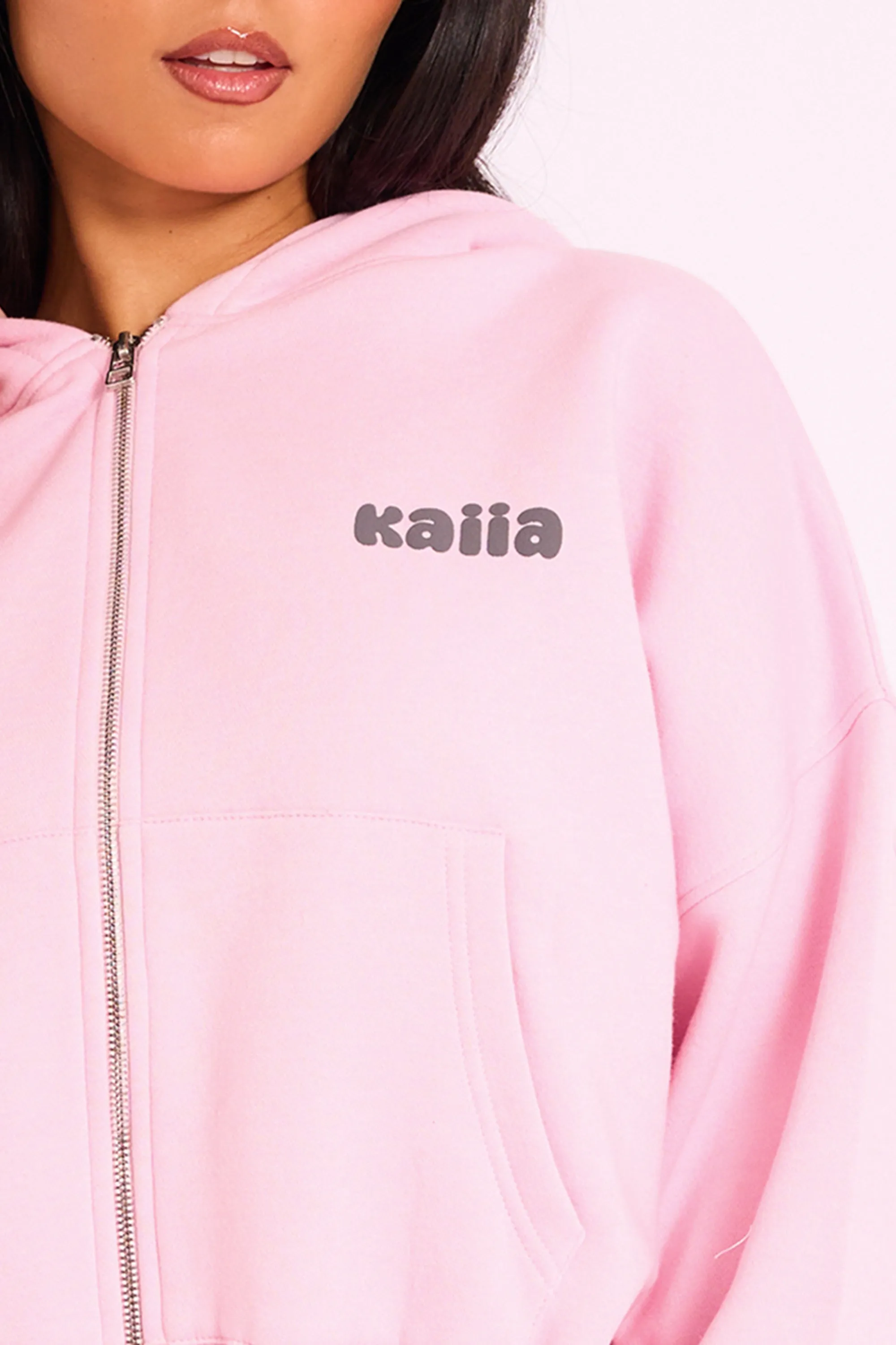 Kaiia Studio Bubble Logo Zip Through Crop Hoodie Pink