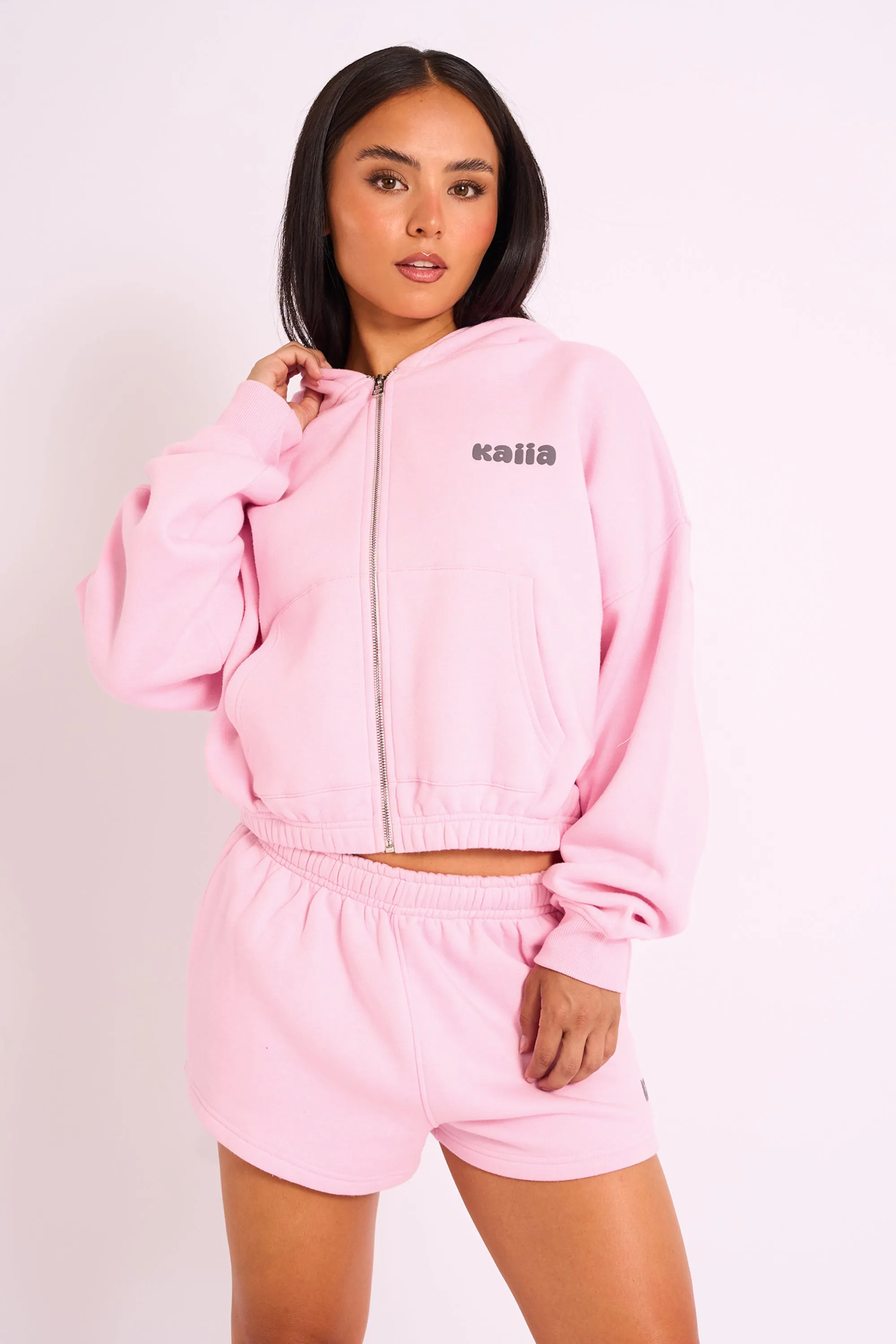 Kaiia Studio Bubble Logo Zip Through Crop Hoodie Pink