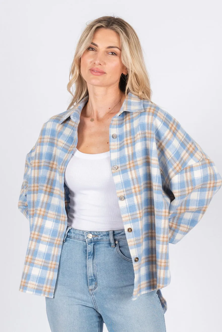 Kayli Blue, White and Tan Check Shacket