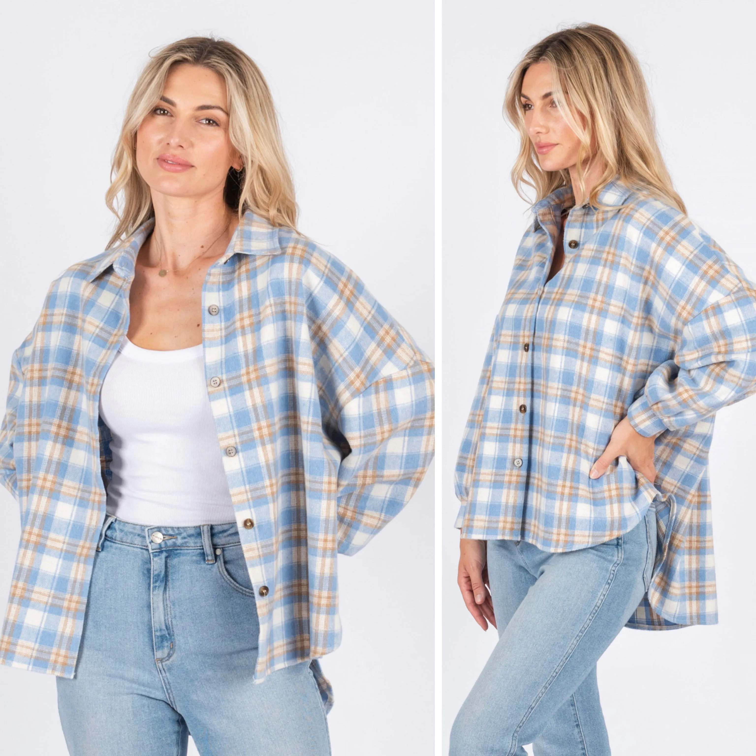 Kayli Blue, White and Tan Check Shacket