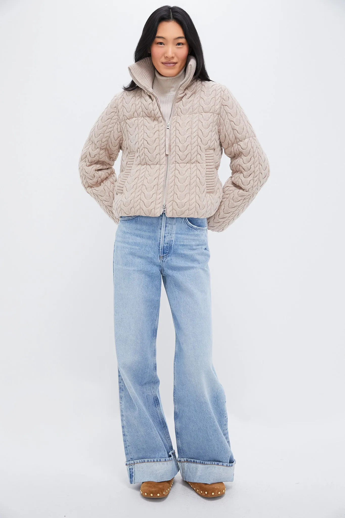 Light Taupe Reggie Cable Knit Puffer