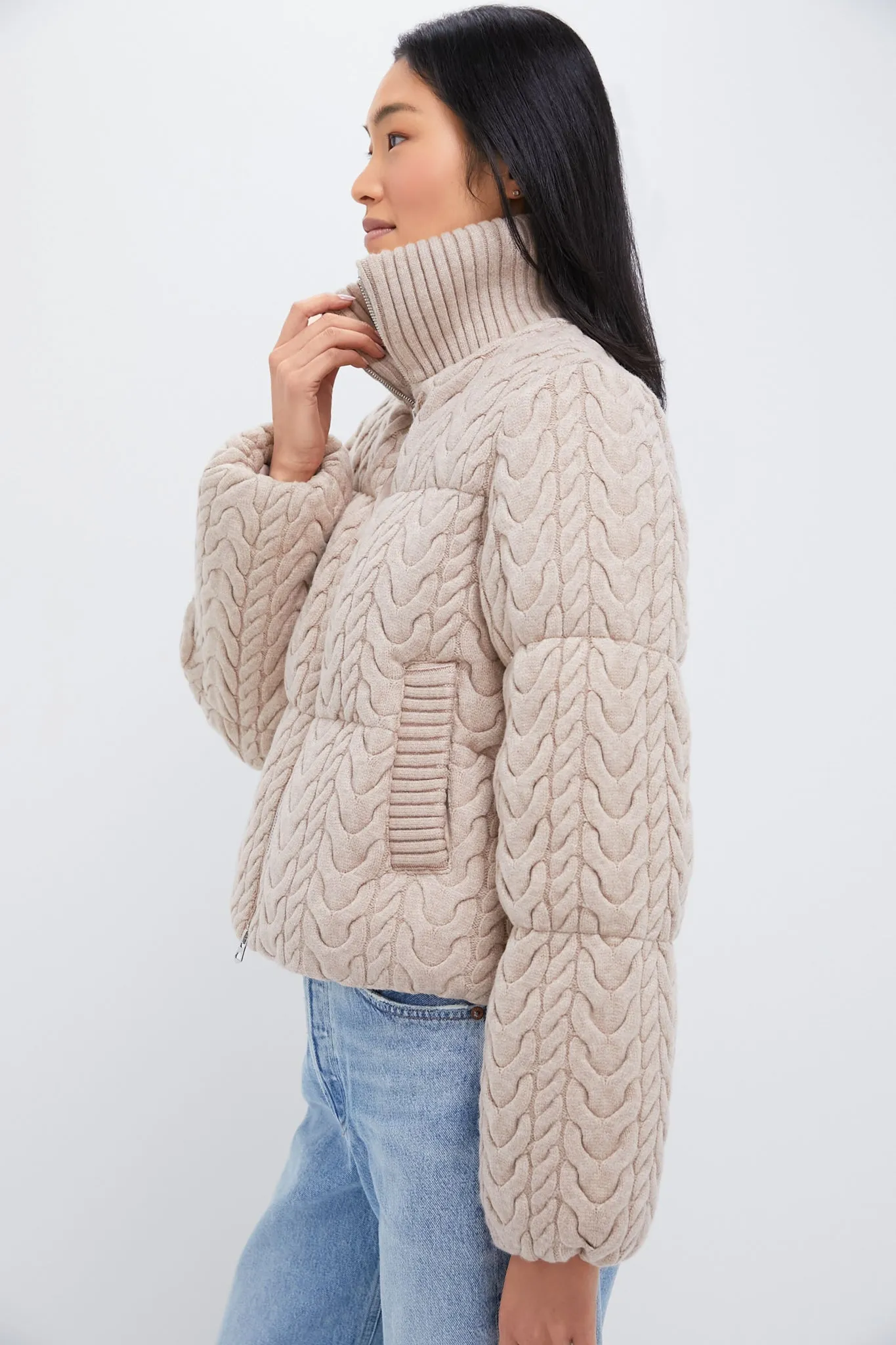 Light Taupe Reggie Cable Knit Puffer