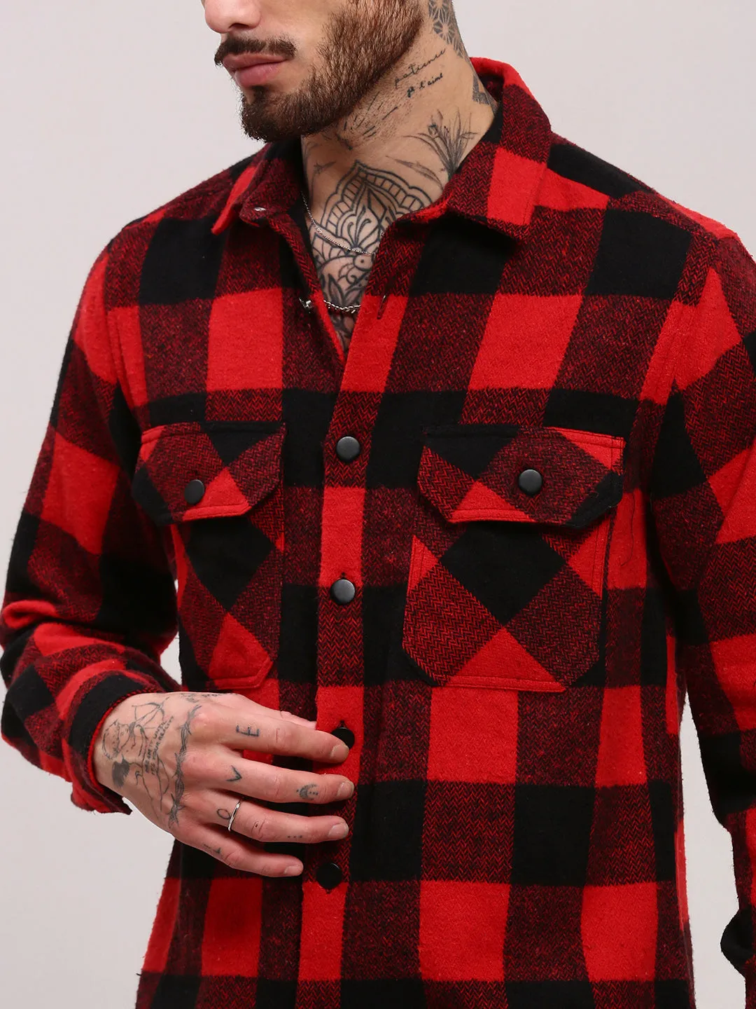 Men Red Checked Shacket