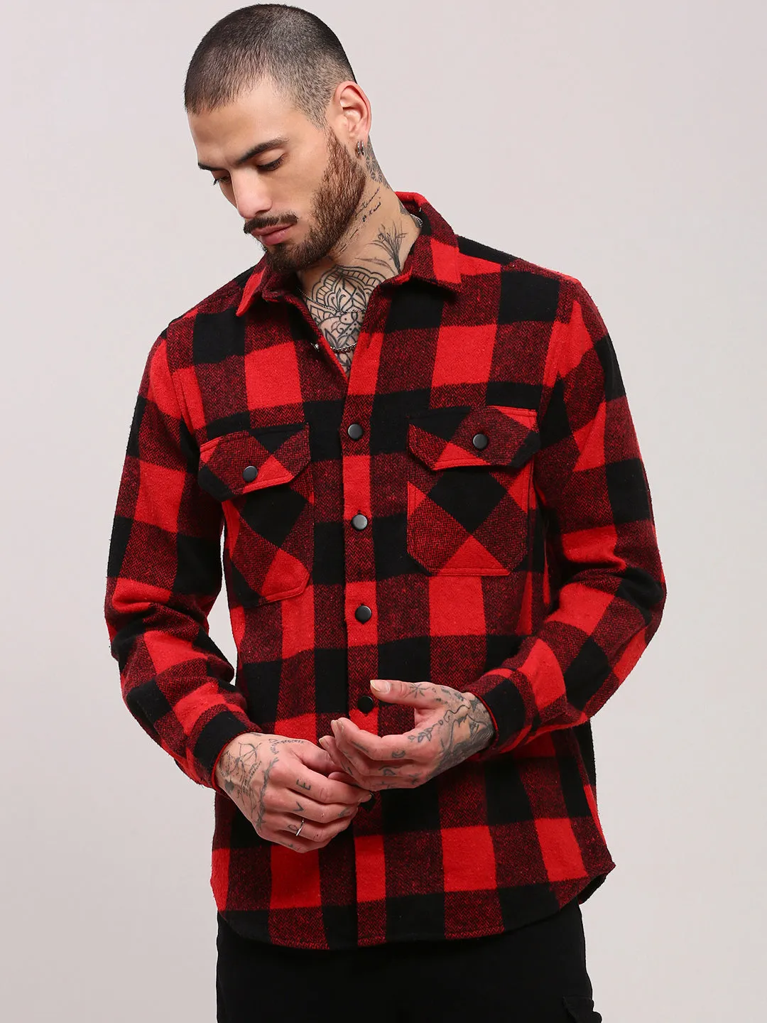 Men Red Checked Shacket