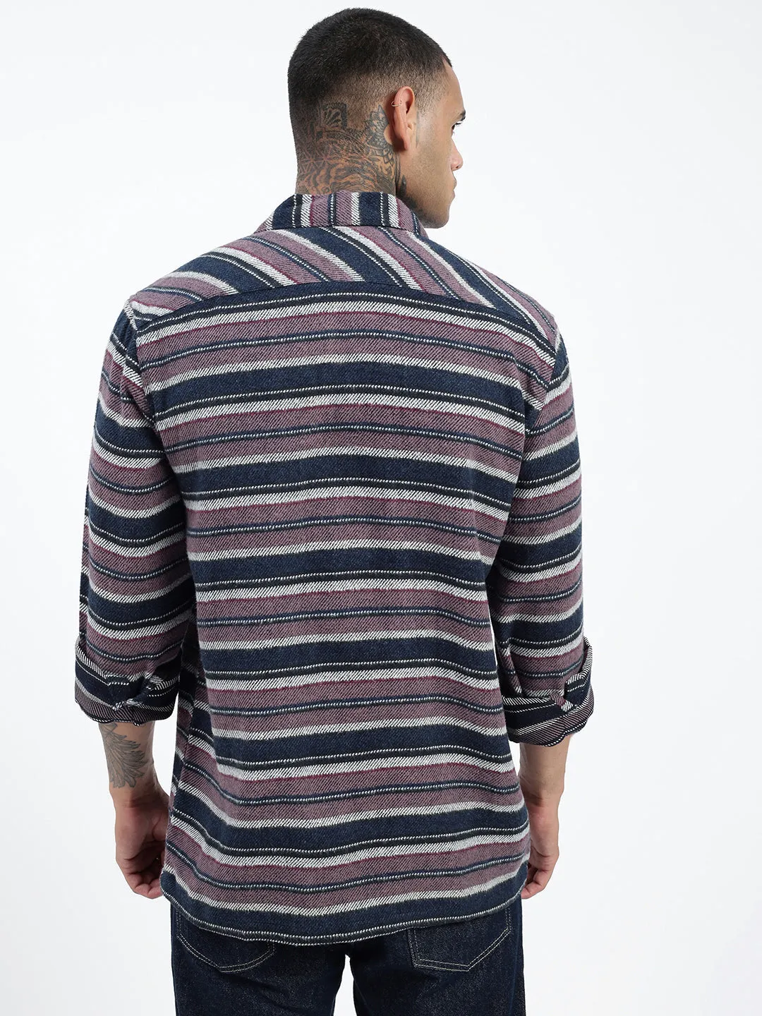 Men Striped Navy Blue Shacket