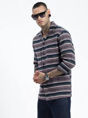 Men Striped Navy Blue Shacket